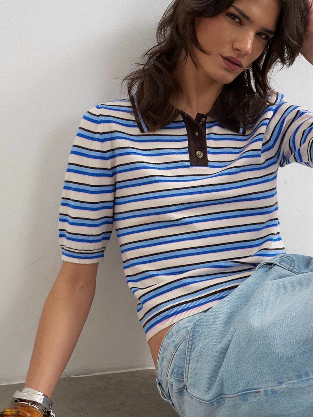 Topshop Striped Knit Polo Top in White and Blue